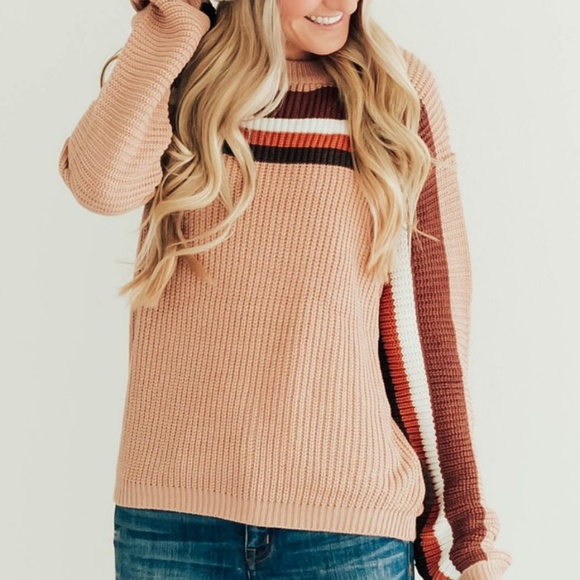 Sweaters - Blush & Brown Striped Longsleeve Sweater